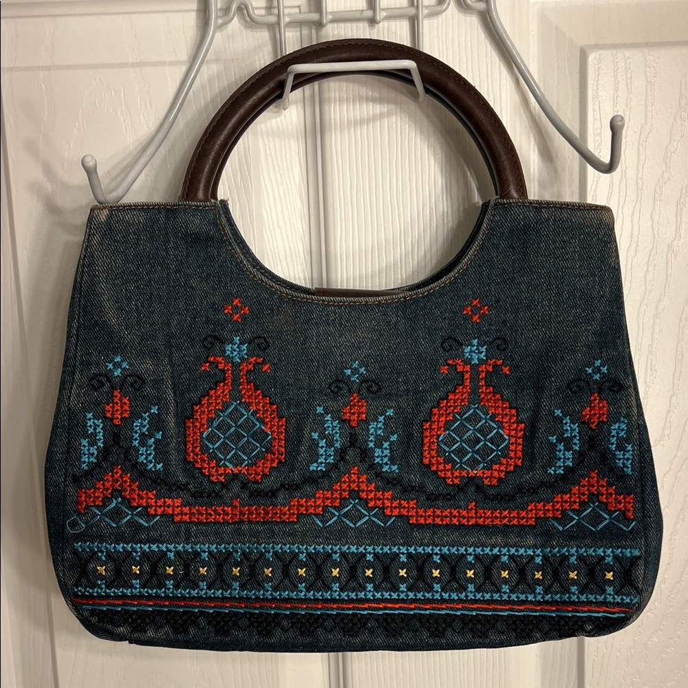 Relic Denim Tote with Red and Blue Embroidery